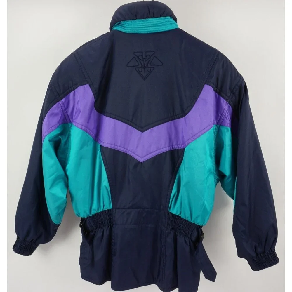 Vintage Descente Women's Size 14 Blue Belted Lined Insulated Zip Snap Ski Jacket